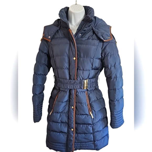 Ellen Rose Women's Navy Quilted Belted Puffer Coat Hooded Long Size M Classic - Picture 2 of 7